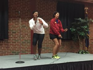 Seniors Hunter Grace and Alexa Quiroz bust a move during their Lip Sync performance.