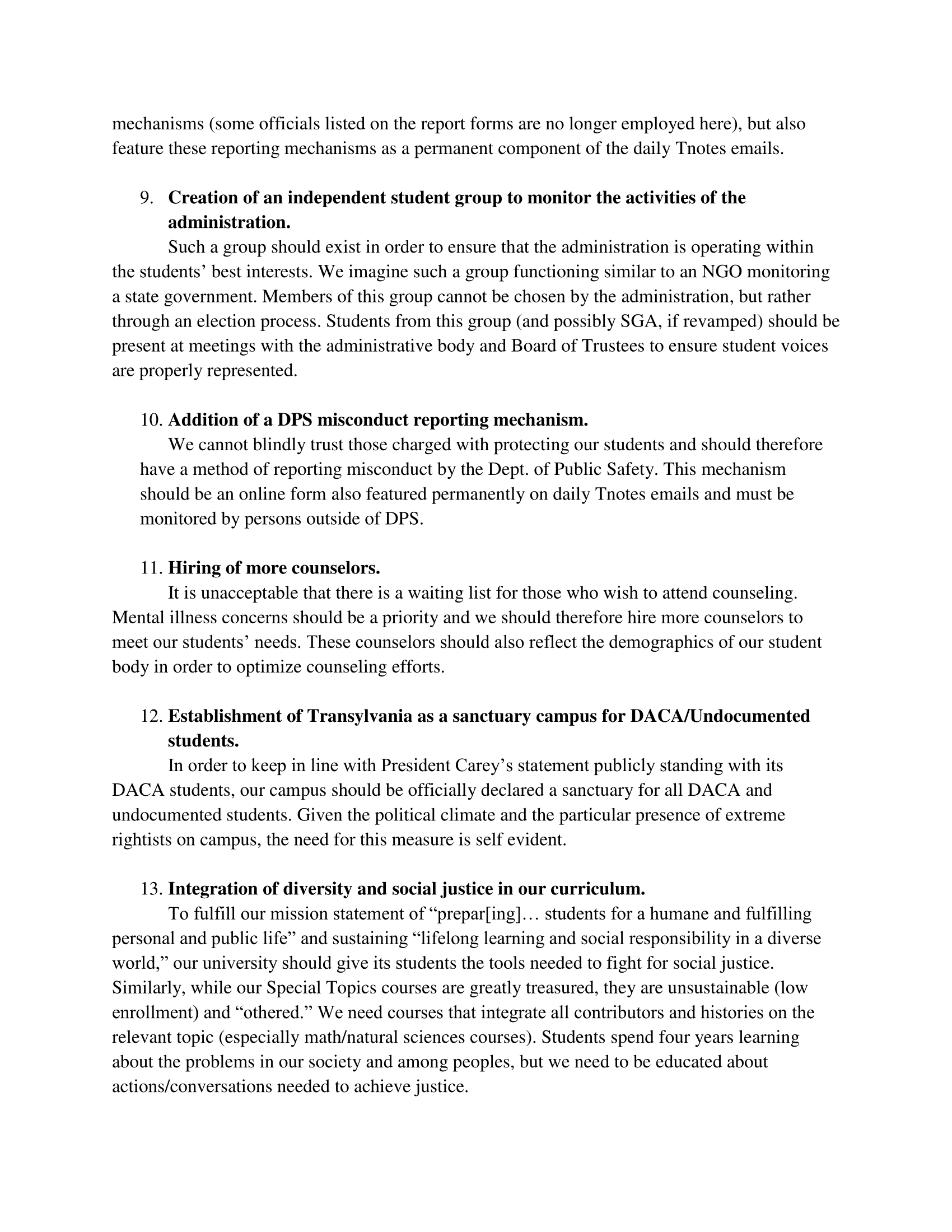 Demonstrators' list of demands, page 3