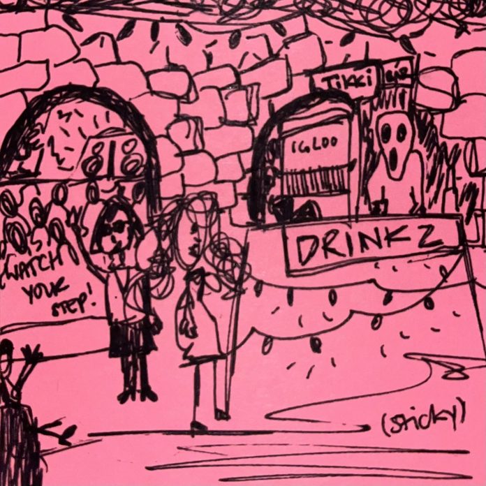 A sticky-note-drawing recreation of the night by the author